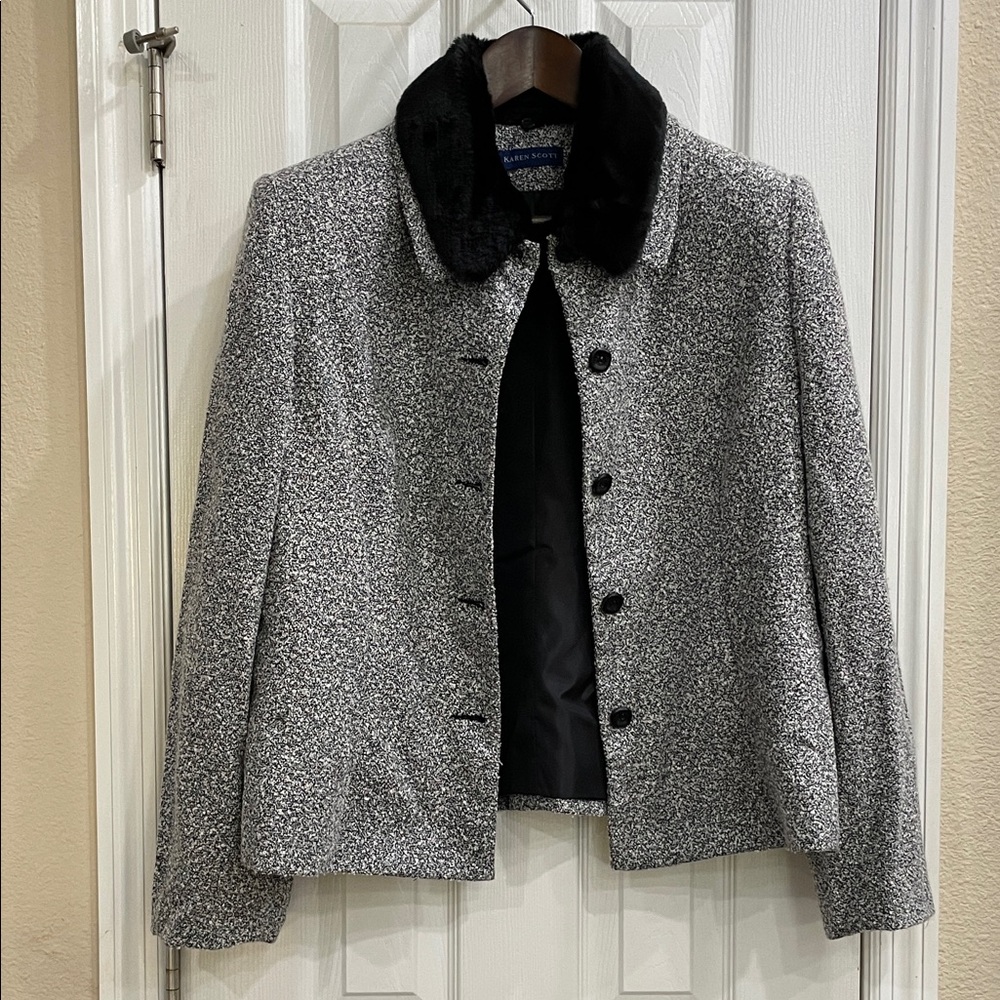 Karen Scott Black Removable Faux Fur Collar Tweed Jacket size 16 Classic Chic